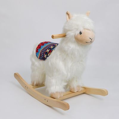Hopscotch Squad Rocking Animal for Children Adelaide The Pink Llama Alpaca Rocker Ride on Rocking Horse for Kids Natural Solid Wood & Soft Fleece (Dela- White)