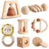 Wooden Montessori Toys 7PCS Wooden Baby Toy for Babies 12-36 Months, Natural Wood Rattle Toy Set with Crochet Lion Rattle, Gift for Infant Boys Girls view 1