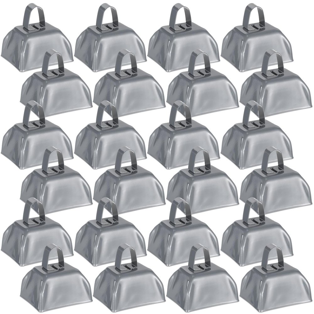 Yeshone 24 Pcs Metal Cowbell with Handle Cow Bells Noise Makers for Sporting Events Small Loud Noisemaker Cow Bell for Wedding Cheering Football Games, 3 x 2.8 x 2.5 Inch(Grey)