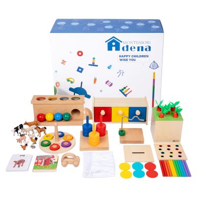 Adena Montessori Play Kit for 13-15 Month Baby,10 in 1 Wooden Learning Educational Toys for Toddler,Include Color Pegs&Rings,Object Permanence Ball Push and More,Christmas Birthday Gift for Boys Girl