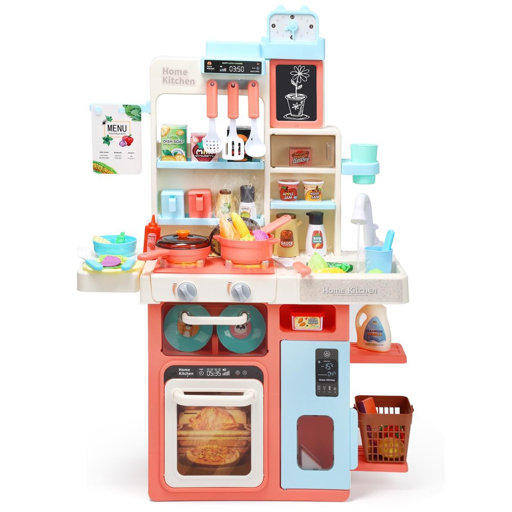 HOLYFUN Kids Kitchen Playset, Kitchen Set for Toddler with Sound and Light, Cooking Stove with Steam, Play Sink and Toy Kitchen Accessories, Pretend Kitchen Toys for Kids Girls Boys, Pink