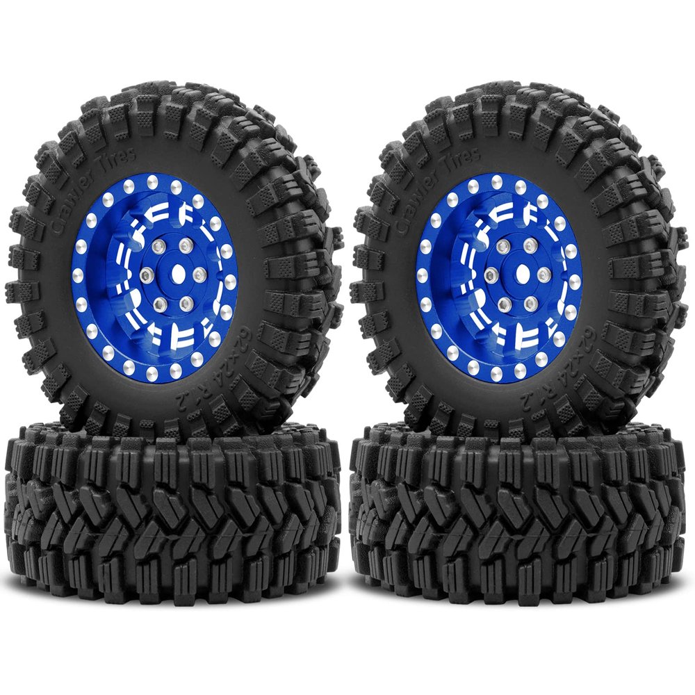 OGRC 1.0 Plus (1.2 Inches) Beadlock Wheel and Tires Set 7mm Negative Offset Wheel Rims SS Super Soft Sticky Tires for TRX4M SCX24 FCX24 AX24 1/24 1/18 RC Crawler Car - 62 * 24mm (Blue)