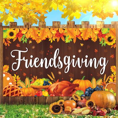 KORHONEN Friendsgiving Banner Backdrop Decorations - Happy Friendsgiving Party Decorations with Turkey Pumpkin Banner Background