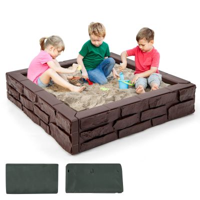 Costzon Kids Sandbox with Cover, 47"x 47" HDPE Sand Box w/Oxford Cover, Bottom Liner, Reinforced Structure, Weather Resistant Outdoor Sand Pit for Backyard Lawn Garden Beach (Brown)