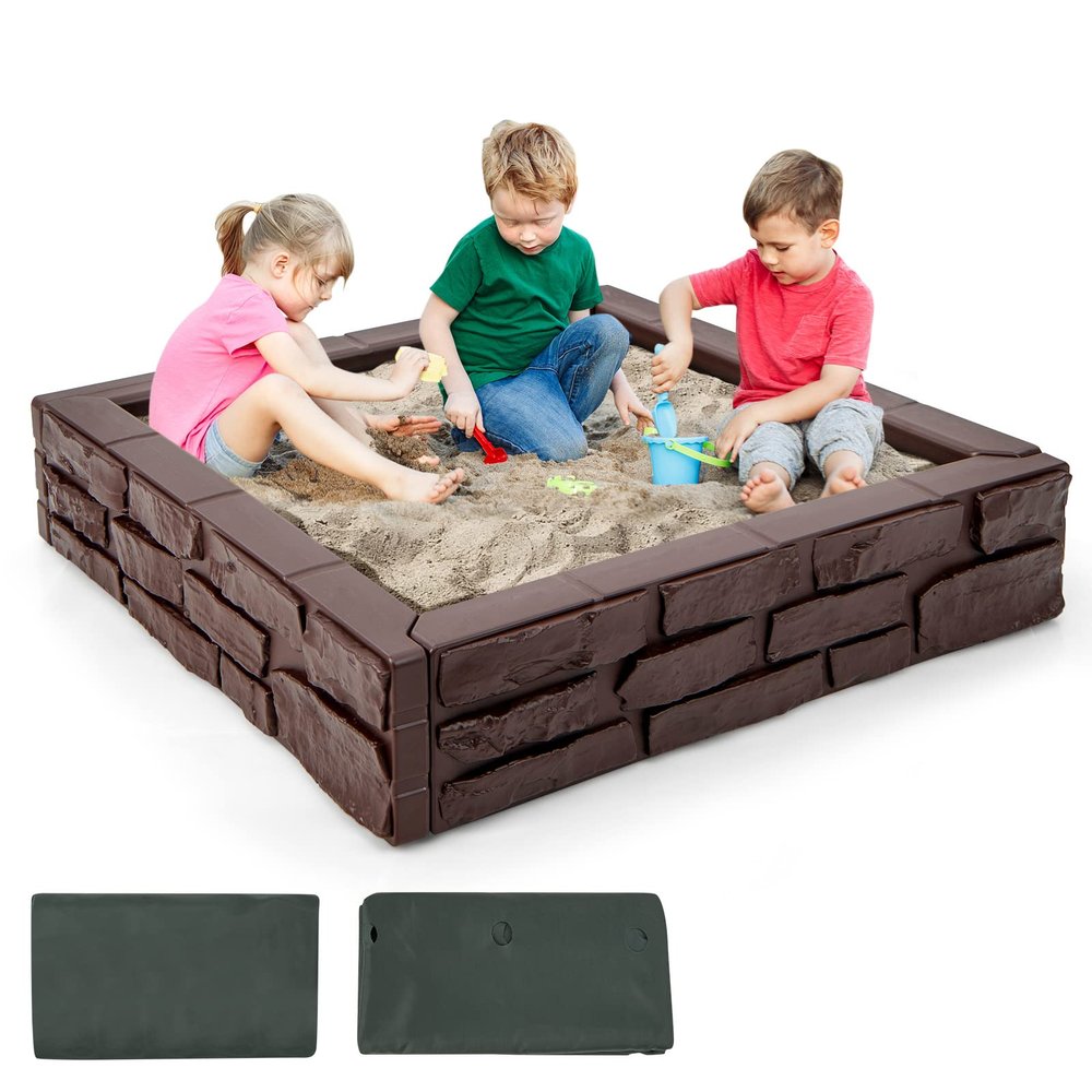 Costzon Kids Sandbox with Cover, 47"x 47" HDPE Sand Box w/Oxford Cover, Bottom Liner, Reinforced Structure, Weather Resistant Outdoor Sand Pit for Backyard Lawn Garden Beach (Brown)