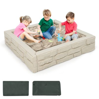 Costzon Kids Sandbox with Cover, 47"x 47" HDPE Sand Box w/Oxford Cover, Bottom Liner, Reinforced Structure, Weather Resistant Outdoor Sand Pit for Backyard Lawn Garden Beach (Oxide White)