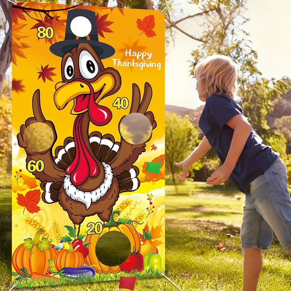 Upgraded, Thanksgiving Games, Fall Festival Games, for Kids Teen, Funny Turkey Toss Game, with 4 Bean Bags, Classic Design, Premium Banner, Accessories, Storage Bag, Friendsgiving Party Decorations