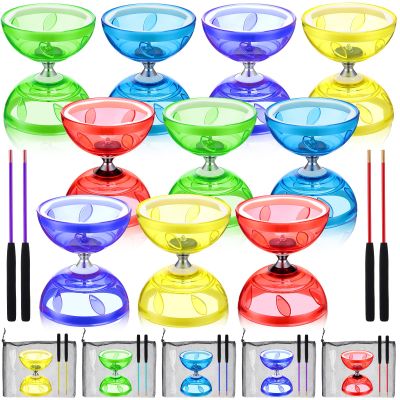 Hungdao 5 Set Chinese Diabolo Set Triple Bearing Chinese Yoyo 5 Multi Colors Diabolo Big Yoyo with Fiberglass Sticks, Mesh Drawstring Bags and Strings (Transparent)