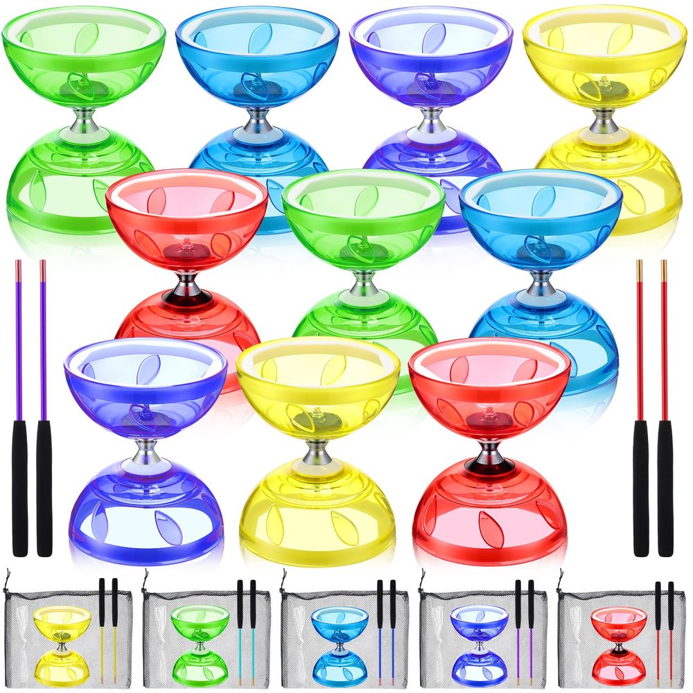 Hungdao 5 Set Chinese Diabolo Set Triple Bearing Chinese Yoyo 5 Multi Colors Diabolo Big Yoyo with Fiberglass Sticks, Mesh Drawstring Bags and Strings (Transparent)