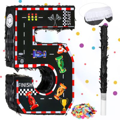 Sratte Race Car Number Piata Small Racing Piata with Blindfold Bat and Confetti for Boy Race Car Themed Birthday Decorations Anniversary Celebration Party Supplies 16.1 x 10.6 x 3 Inch (number 5)