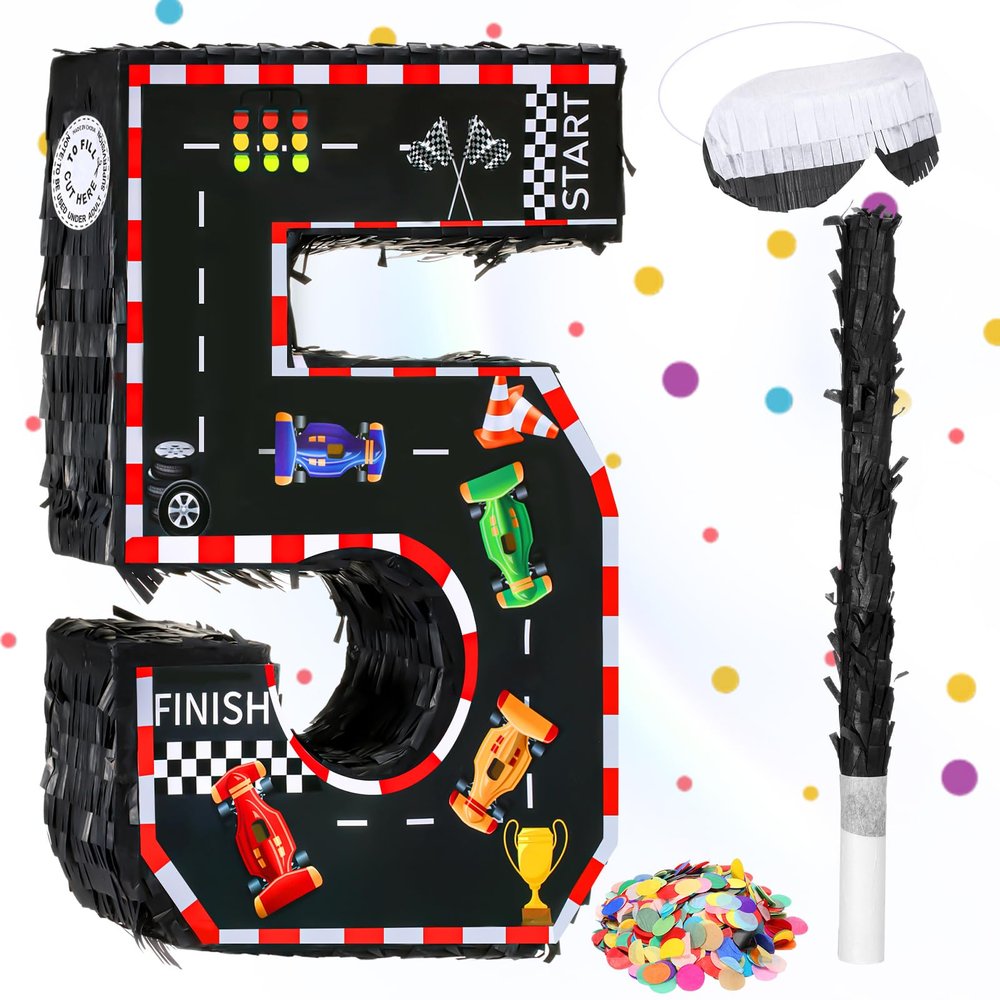 Sratte Race Car Number Piata Small Racing Piata with Blindfold Bat and Confetti for Boy Race Car Themed Birthday Decorations Anniversary Celebration Party Supplies 16.1 x 10.6 x 3 Inch (number 5)