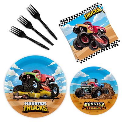 96 Pcs Monster Truck Plates and Napkins - Monster Truck Birthday Decorations and Party Supplies