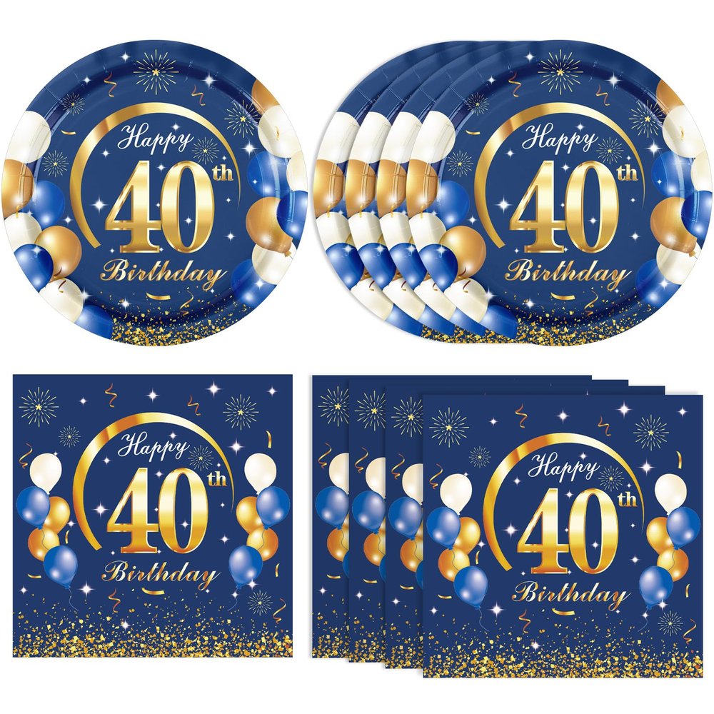 40PCS Happy 40th Birthday Decorations Navy Blue and Gold Theme Party for 40 Years Old Party Decorations Include Plates Napkins For Men Boys Girls Women