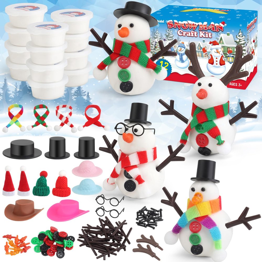wookidel 12Pack Build a Snowman Kit Snowman Crafts for Kids, Molding Clay Snowman Building Kit, Christmas Stocking Stuffers for Kids and Adults, Christmas Ornament Gift