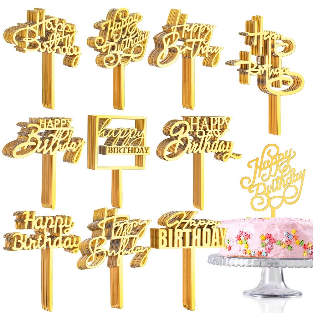 150 Pcs Happy Birthday Cake Toppers Acrylic Cake Topper Glitter Birthday Cake Decorations Double Sided for Adults Various Cake Decoration Party Supplies(Gold,Brief)