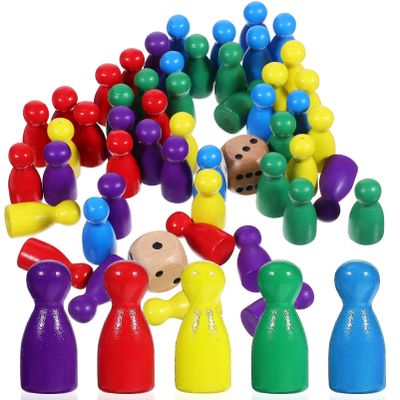 50Pcs Wooden Board Game Pieces with 2 Dice, Colorful Game Pawns Replacements Wood Meeple Pieces for Family Time, DIY & Classroom Math