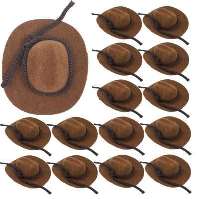 SHEHARUHI 15 Pcs Mini Flocked Cowboy Hat Set - Tiny Decorative Hats for Party, Pets, and Dolls (2 Inch, Brown)