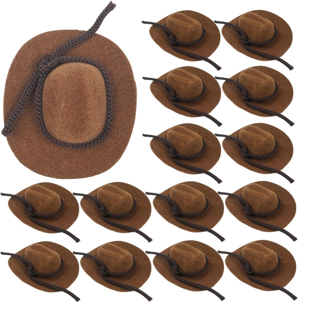 SHEHARUHI 15 Pcs Mini Flocked Cowboy Hat Set - Tiny Decorative Hats for Party, Pets, and Dolls (2 Inch, Brown)