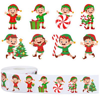 1000Pcs Christmas Stickers Roll 8 Designs Elves Decals Assorted Funny Cartoon Xmas Elf Adhesive Decorative Stickers for Gift Greeting Card Party Supplies