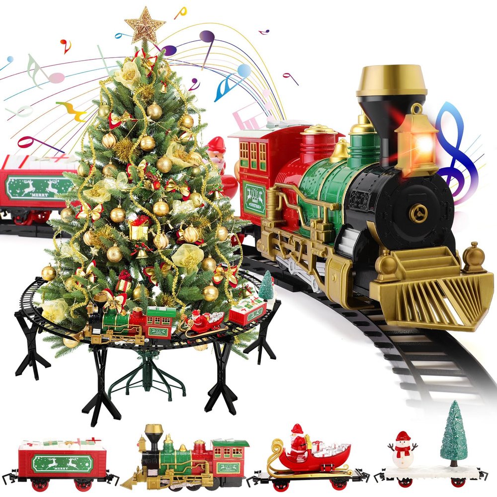 Deekin Christmas Train Set Under The Christmas Tree - Electric Xmas Tree Decoration & Gift, Elevated Train with Locomotive Santa Claus Snowman for Winter 2025 Holiday Decor