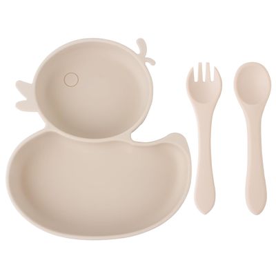 Qshare Powerful Suction Plates for Baby and Toddler,Baby Divided Plate,Thanksgiving Plates with Fork and Spoon,Duck Baby Plate Non-Slip,BPA Free,Microwave & Dishwasher Safe (Beige)