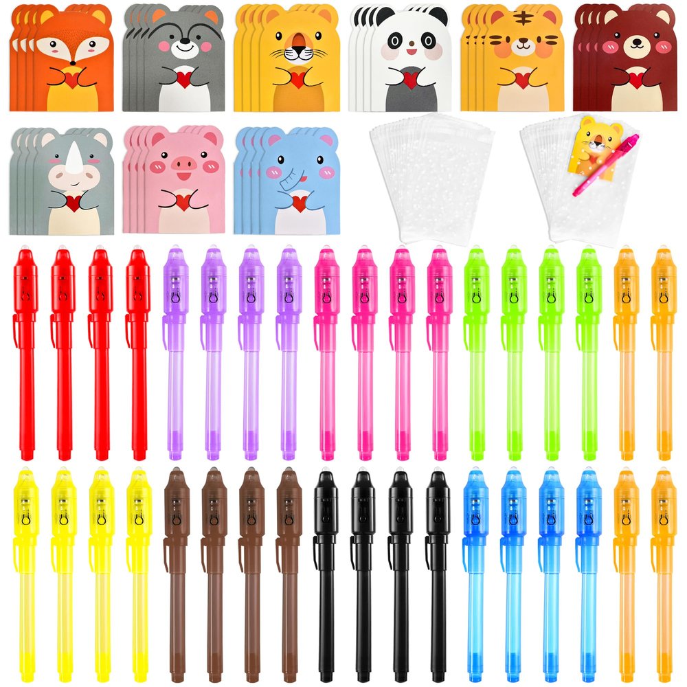 DazSpirit 36 Pack Valentines Day Gifts for Kids, Invisible Ink Pens with UV Light, Animal Cards & Gift Bags, Non Candy Classroom Exchange Gifts, Treasure Box Fillers, Goodie Bag Stuffers, Party Favors