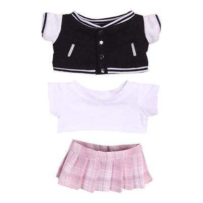 niannyyhouse 20cm Plush Doll Clothes Baseball Suit Coat T-Shirt Pleated Skirt Soft Stuffed Plush Toy Dress Up Accessories (Black+Pink)