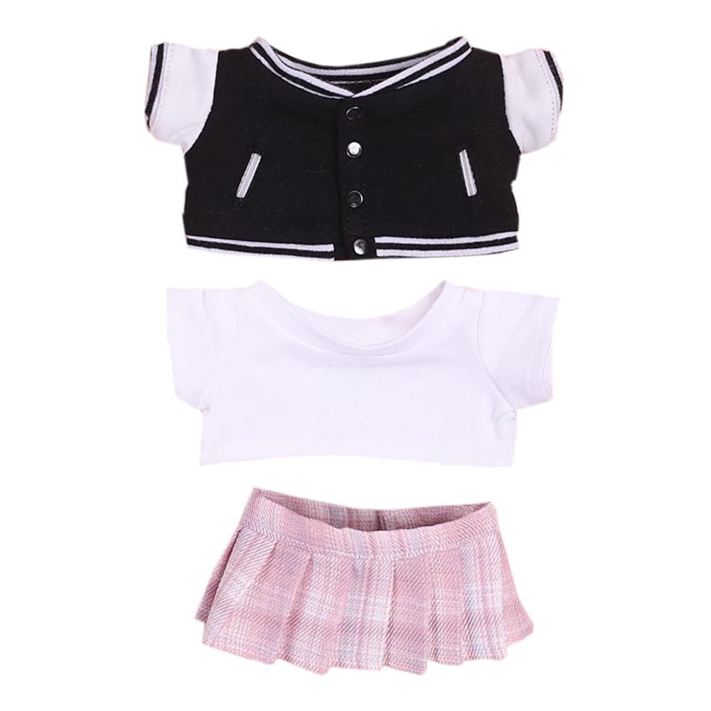 niannyyhouse 20cm Plush Doll Clothes Baseball Suit Coat T-Shirt Pleated Skirt Soft Stuffed Plush Toy Dress Up Accessories (Black+Pink)