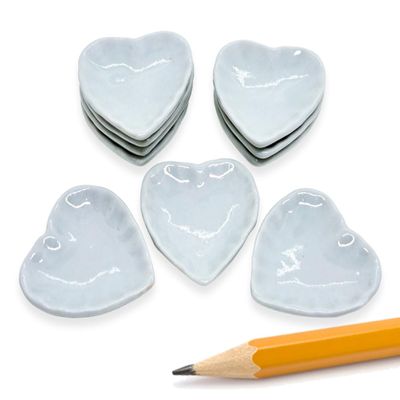 ChangThai Design Very Tiny 1" Long White Heart Shape Ceramic Plate 10 Pieces Set - Miniature Tableware Tray Bowl Crockery Cutlery Kitchenware Handmade Mini Porcelain Decorative Collectible Gifts