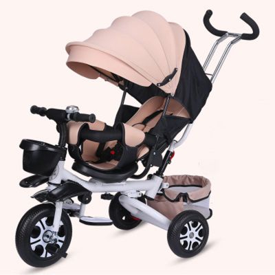 Kids Tricycle,Kids Tricycle for Rider Age 1-6,4 in 1 Kids Trike,Folding Kids Tricycle Stroller with Push Handle,Removable Canopy,Rotatable Seat,Rubber Wheels for Boys Girls Birthday Gift,White+khaki,E
