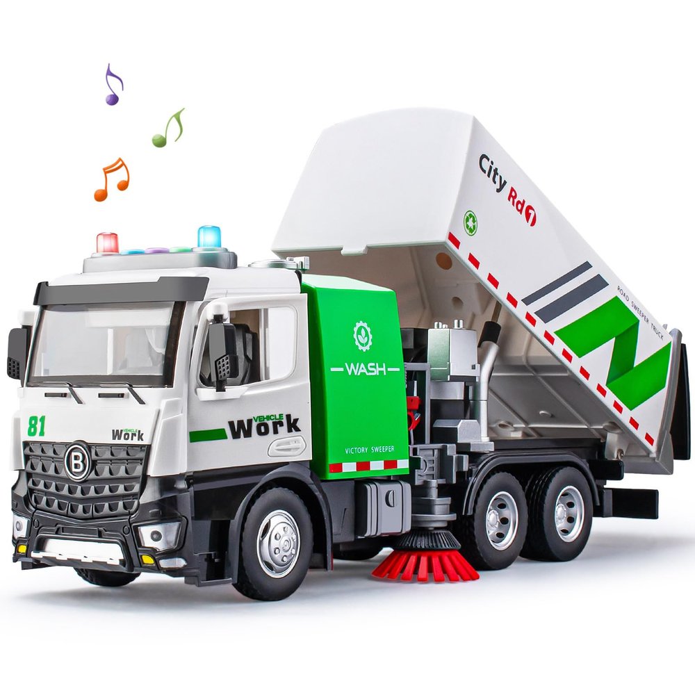 TAKGUD Street Sweeper Truck with Open-able Doors, 11.5" Big Trash Truck with Lights and Sounds, Friction Powered Garbage Toys Gift for Boys Girls Kids
