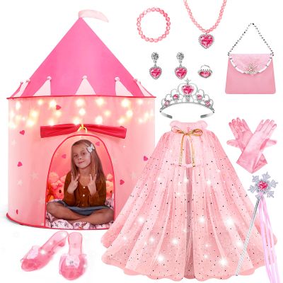 15Pcs Princess Castle Play Tent Dress Up with LED Glow in The Dark Stars for Little GirlsPrincess Dress Up Cape with Crown,Girl Play Tent/House Toy for Indoor & Outdoor Use (Pink)