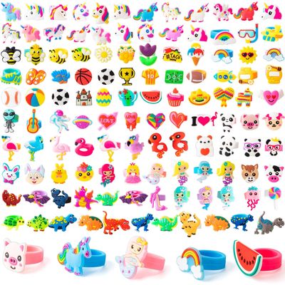 Highergo 120 Pcs Dinosaur Unicorn Rubber Rings for Kids Girls Rainbow Animal Kids Rings Unicorn Cupcake Jewelry for Little Girl Valentine's Gift Zoo Football Birthday Party Supplies Dress up (Colorful)