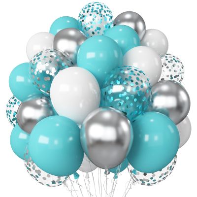 Teal Blue and Silver Balloons, 60 Packs 12Inch Teal and Metallic Silver Balloons, Teal Blue White Silver Confetti Balloon with Ribbons for Wedding Baby Bridal Baby Shower Birthday Party Decoration