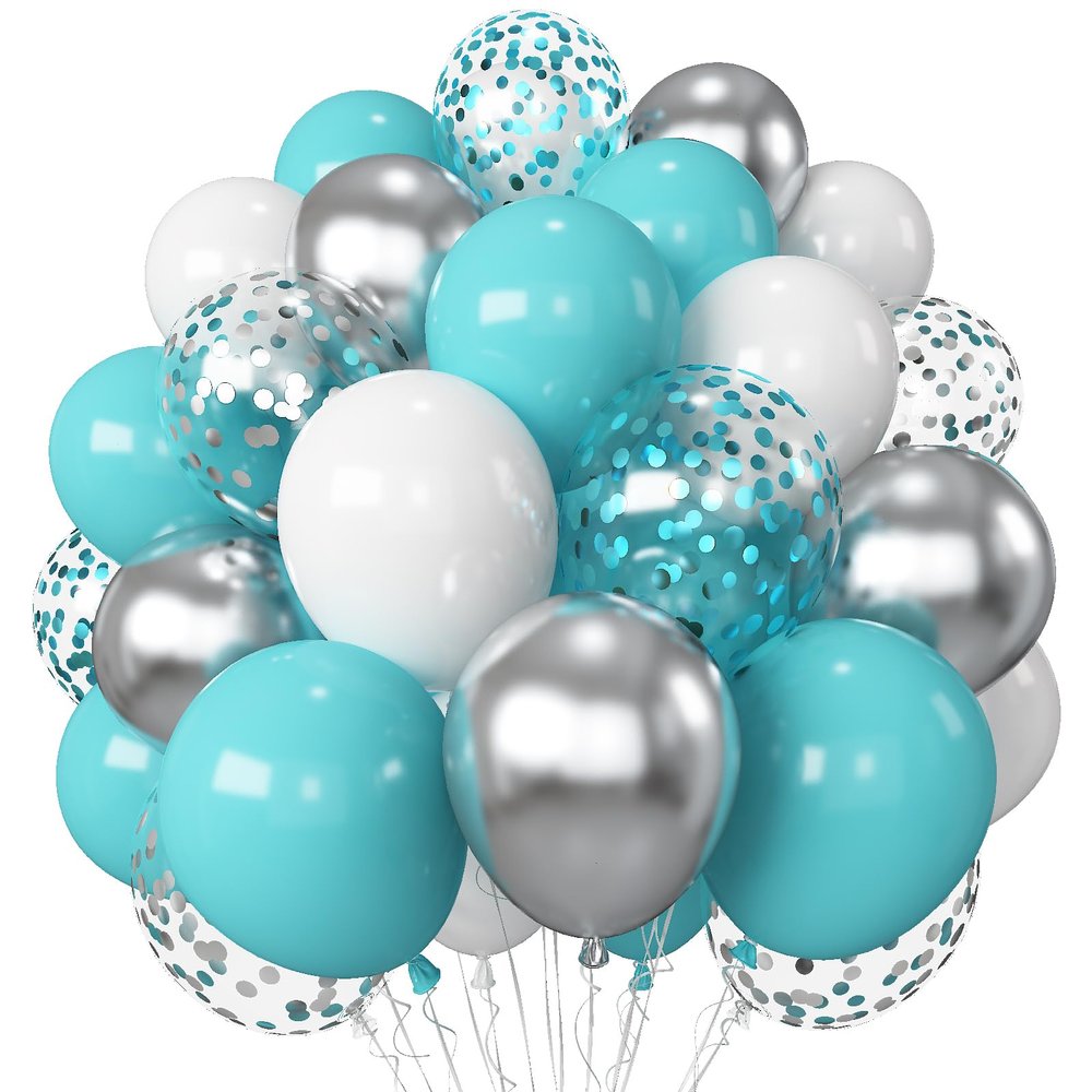 Teal Blue and Silver Balloons, 60 Packs 12Inch Teal and Metallic Silver Balloons, Teal Blue White Silver Confetti Balloon with Ribbons for Wedding Baby Bridal Baby Shower Birthday Party Decoration