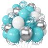Teal Blue and Silver Balloons, 60 Packs 12Inch Teal and Metallic Silver Balloons, Teal Blue White Silver Confetti Balloon with Ribbons for Wedding Baby Bridal Baby Shower Birthday Party Decoration view 1