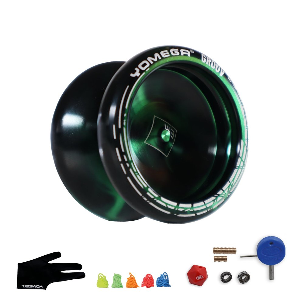 Yomega Groov Pro Level Aluminum Metal Yoyo for Advance Players Round Shaped, C Size Ball Bearing Yoyo with Adjustable Responsive/Nonresponsive Play + 3 Month Warranty (Black Green)