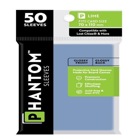 10 Packs Phantom Sleeves: Lime Size (70mm x 110mm) - Gloss Gloss (50) (Compatible with: Lost Cities and More) Display Case