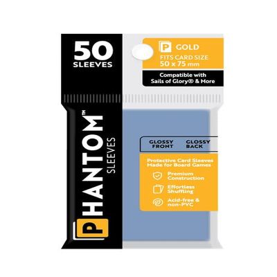 10 Packs Phantom Sleeves: Gold Size (50mm x 75mm) - Gloss Gloss (50) (Compatible with: Sails of Glory and More) Display Case