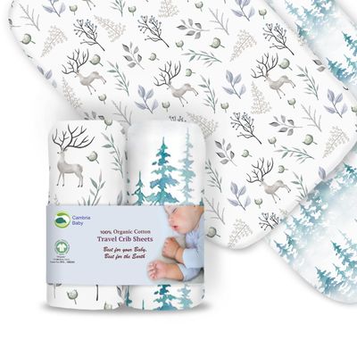 100% Organic Cotton Fitted Travel Crib Sheets, Perfectly Compatible with Guava Lotus, BabyBjorn, Dream On Me and All mattresses 22-26" Wide by 40-44" Long. Strap Holes in Corners. 2 Pk, Deer & Forest
