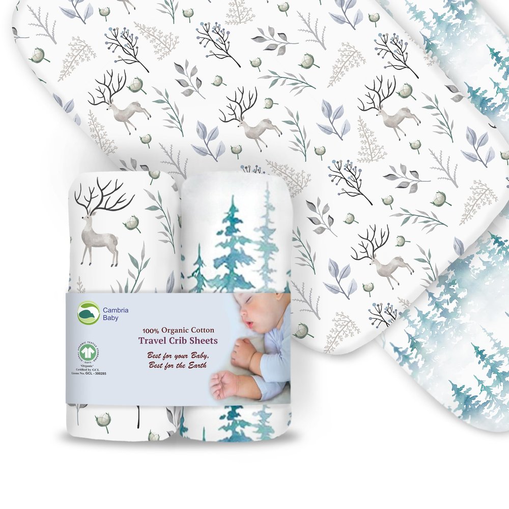 100% Organic Cotton Fitted Travel Crib Sheets, Perfectly Compatible with Guava Lotus, BabyBjorn, Dream On Me and All mattresses 22-26" Wide by 40-44" Long. Strap Holes in Corners. 2 Pk, Deer & Forest