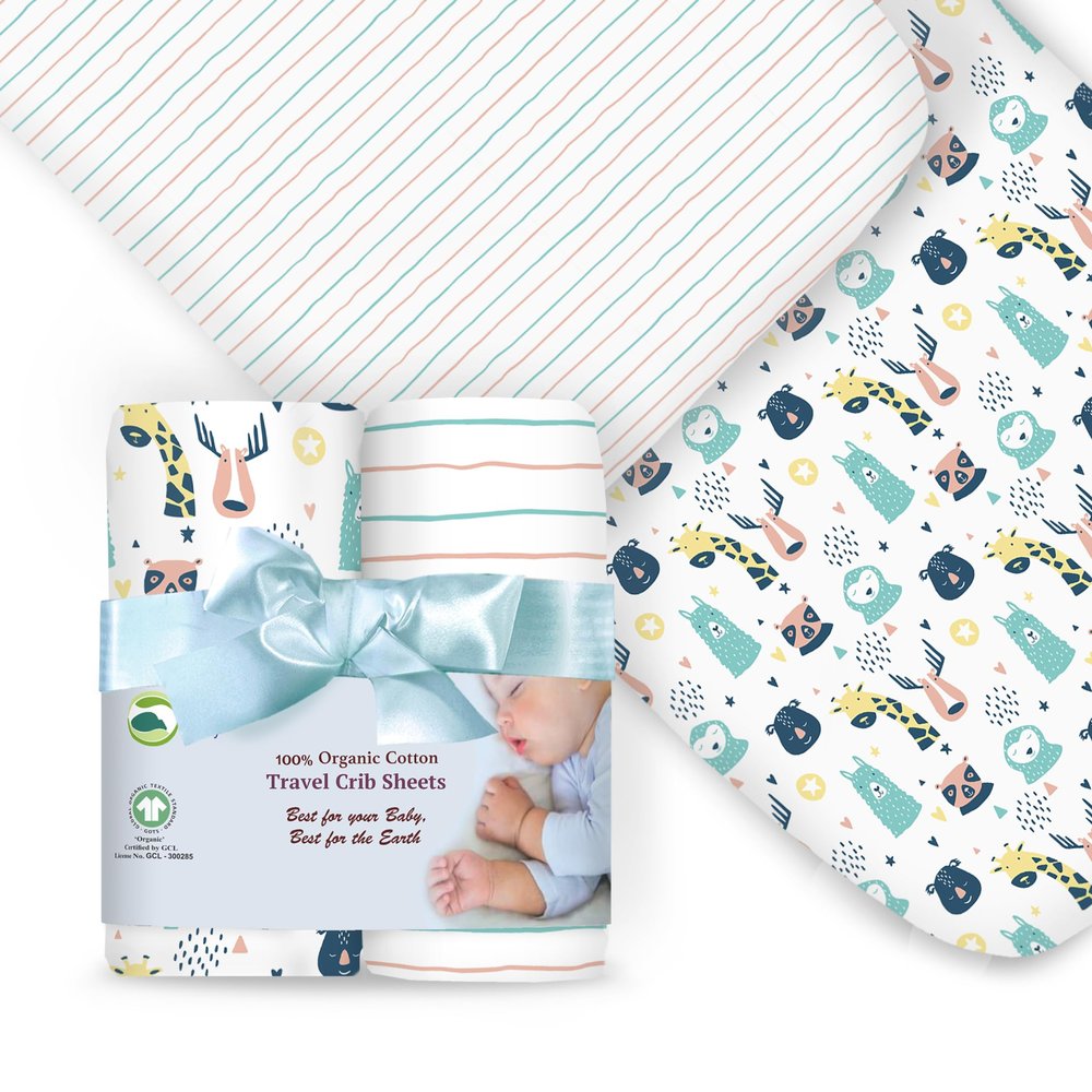 100% Organic Cotton Fitted Travel Crib Sheets, Perfectly Compatible with Guava Lotus, BabyBjorn and All mattresses 22-26" Wide by 40-44" Long. Strap Holes in Corners. 2 Pk, Animals Stripes