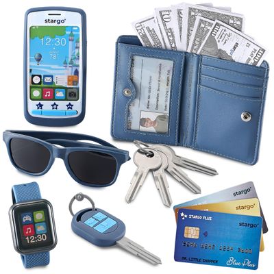 Play Wallet for Boys with Money and Pretend Play Toys, Cellphone, Smartwatch, Keys, Sunglasses, Toddler Wallet for Kids Ages 3 4 5 6 7 8 9 10 11 12 - Grown Up Pretend Play Set for Kids