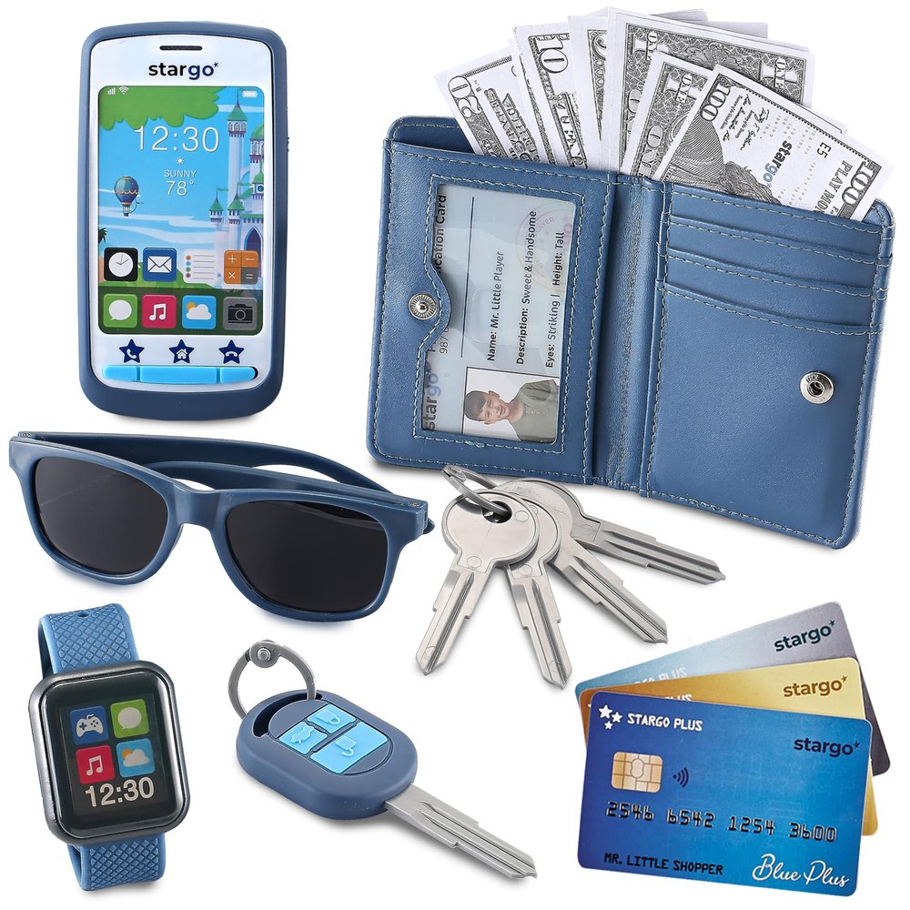 Play Wallet for Boys with Money and Pretend Play Toys, Cellphone, Smartwatch, Keys, Sunglasses, Toddler Wallet for Kids Ages 3 4 5 6 7 8 9 10 11 12 - Grown Up Pretend Play Set for Kids