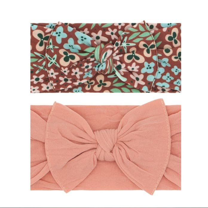Baby Bling Bows - Newborn to Little Baby Girl Bows, 2PK PRINT SOLID KNOTS Nylon Super Soft Stretchy Toddler Headbands, Perfect Hair Accessories Head Bands for Infant Kids (Spice Floral & Rose Gold)