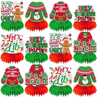 12Pcs Ugly Sweater Party Decorations Honeycomb Centerpieces, Ugly Christmas Sweater Party Decorations Table Centerpieces, 3D Double Side Ugly Sweater Table Decor for Ugly Christmas Sweater Party