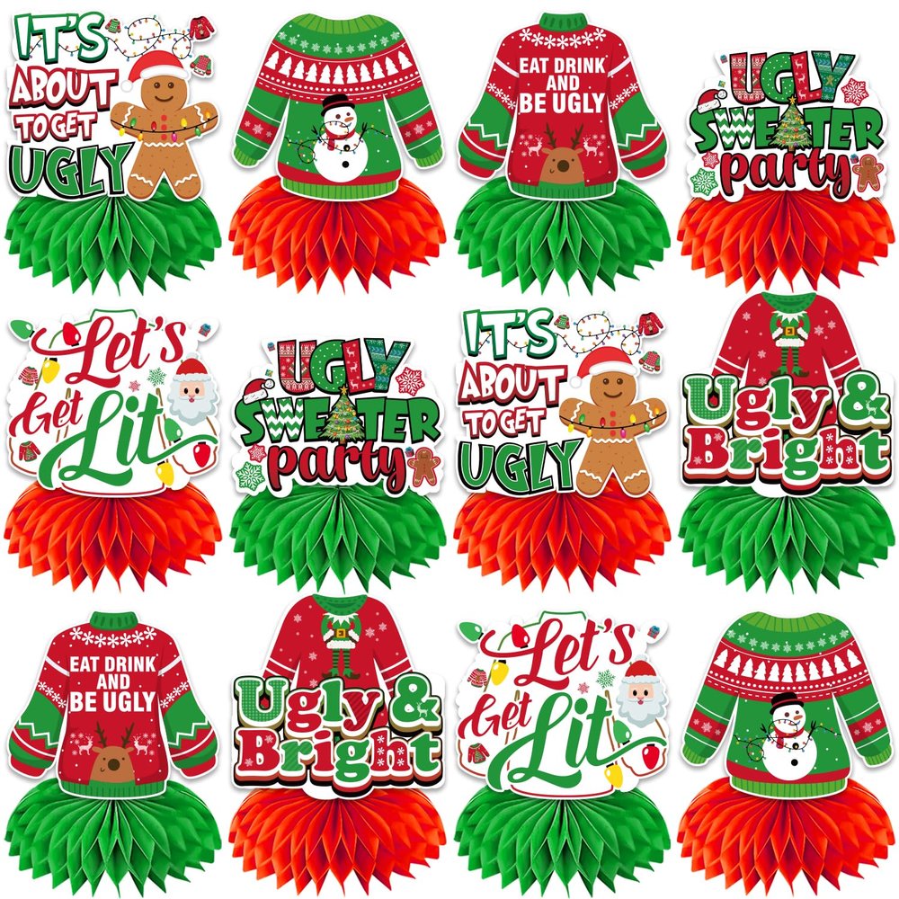 12Pcs Ugly Sweater Party Decorations Honeycomb Centerpieces, Ugly Christmas Sweater Party Decorations Table Centerpieces, 3D Double Side Ugly Sweater Table Decor for Ugly Christmas Sweater Party