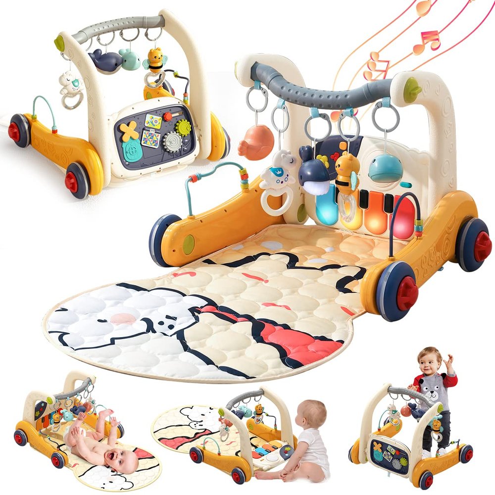 KidsMind Baby Play Mat Gym,4-in-1 Kick and Play Piano Tummy Time Mat Learning Walker-Musical Activity Center with Lights Seat and Push Walkers Ideas for Baby Newborn 6-12 18 Months Boy Girl