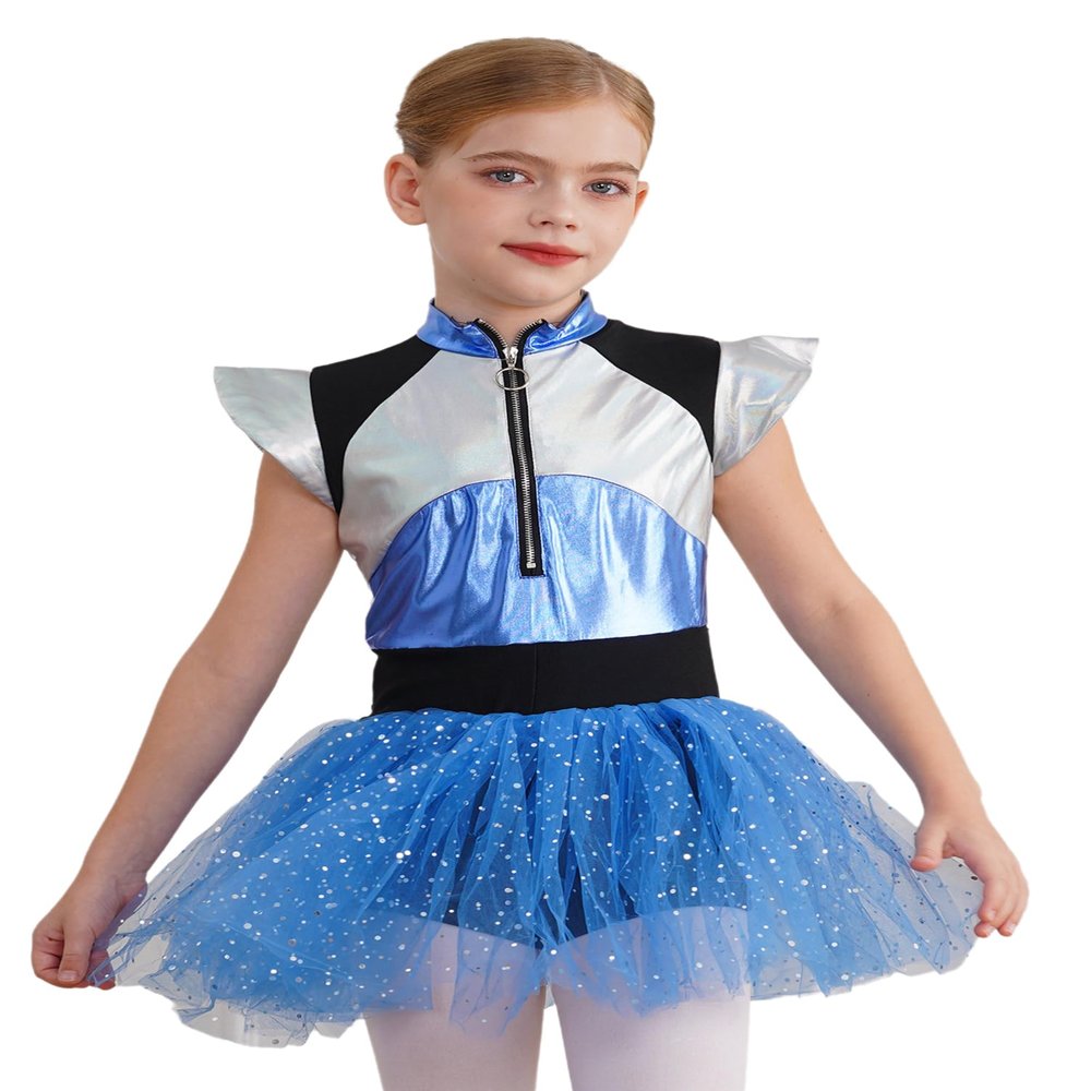 YOOJIA Kids Girls Halloween Alien Cosplay Costumes Shiny Sequins Dance Tutu Dress Leotard Cheerleading Uniform Blue 16 Years