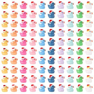 100pcs Christmas Resin Ducks, Mini Resin Ducks Decoration Little Ducks with Christmas Hat Tiny Resin Duck Miniature for Garden Landscape Dollhouse Decorations DIY Charms (Colorful)